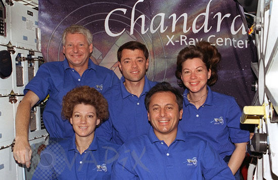 STS-93 astronauts on Columbia's middeck
