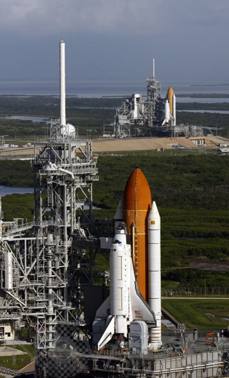 Two Space Shuttles on launch pads. 09/2008