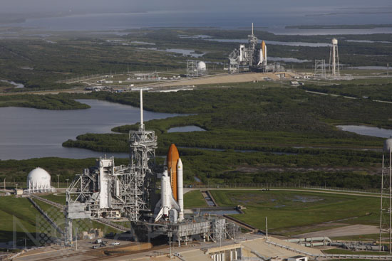 Two Space Shuttles on launch pads. 09/2008