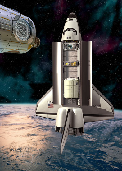 Vue d'artiste du module Columbus dans la navette spatiale