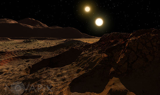 Exoplanète autour d'une étoile binaire - Vue d'artiste