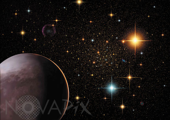 Planet in a globular cluster. Artwork.