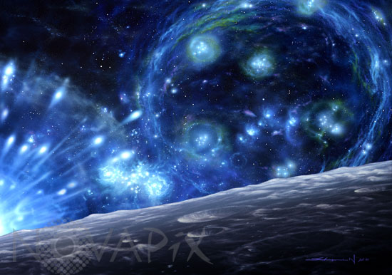 Planet in a starburst galaxy. Artwork.