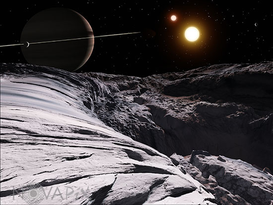 Exoplanète Kepler-16 b vue d'un de ses satellites