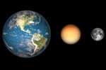 Comparaison de tailles: la Terre, le satellite Titan et la Lune