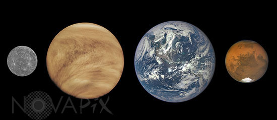 Comparaison des tailles de la Terre, Vénus, Mercure et Mars