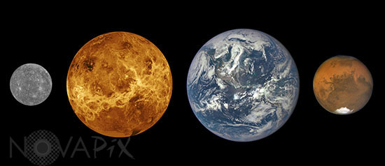 Comparaison des tailles de la Terre, Vénus, Mercure et Mars
