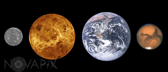 Comparaison des tailles de la Terre, Vénus, Mercure et Mars