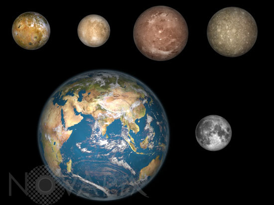Comparaison de tailles: la Terre, la Lune et les satellites galiléens
