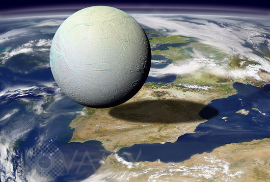 Comparaison de tailles: le satellite Encelade et l'Espagne