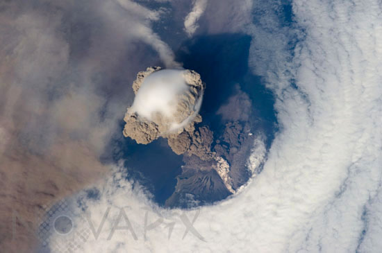 Erupting Sarychev volcano seen from space