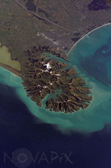 Christchurch et la Péninsule de Banks (Nouvelle-Zélande) vue de l'espace