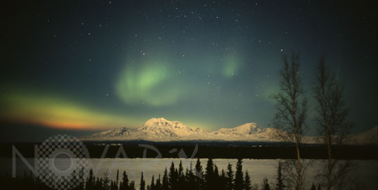 Aurora borealis above Mounts Drum and Sanford -Alaska. 03/2007