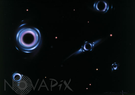 Vue d'artiste de trous noirs avalant leurs galaxies