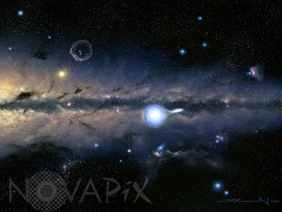 Stellar black hole and Milky Way. Artwork.
