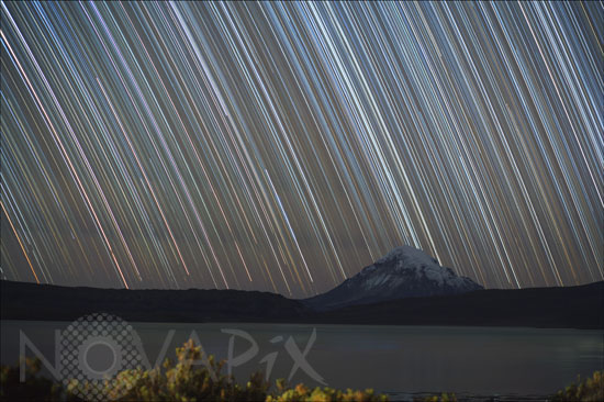 Star trails above Nevado Sajama volcano