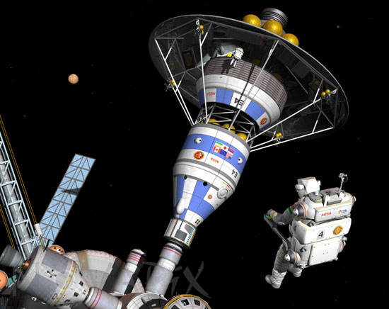 Des astronautes inspectent un vaisseau avant son départ pour Mars