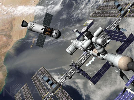 Vaisseau spatial remorqueur et station spatiale - Vue d'artiste