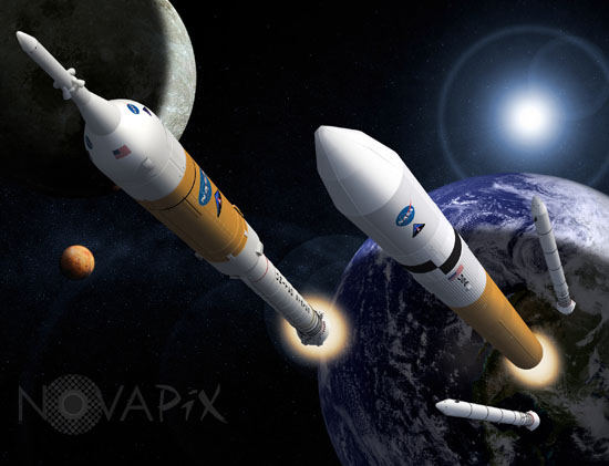 Illustration of Ares I and Ares V Launch Vehicles