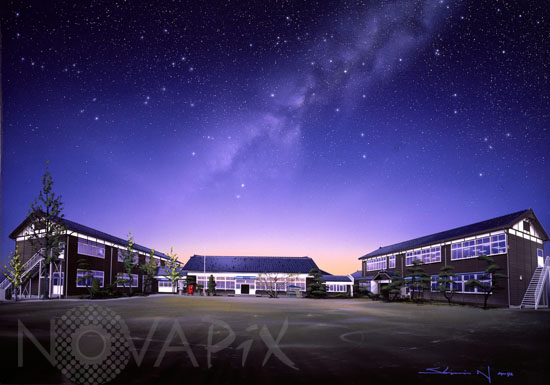Milky Way above a school in Japan. Artwork.